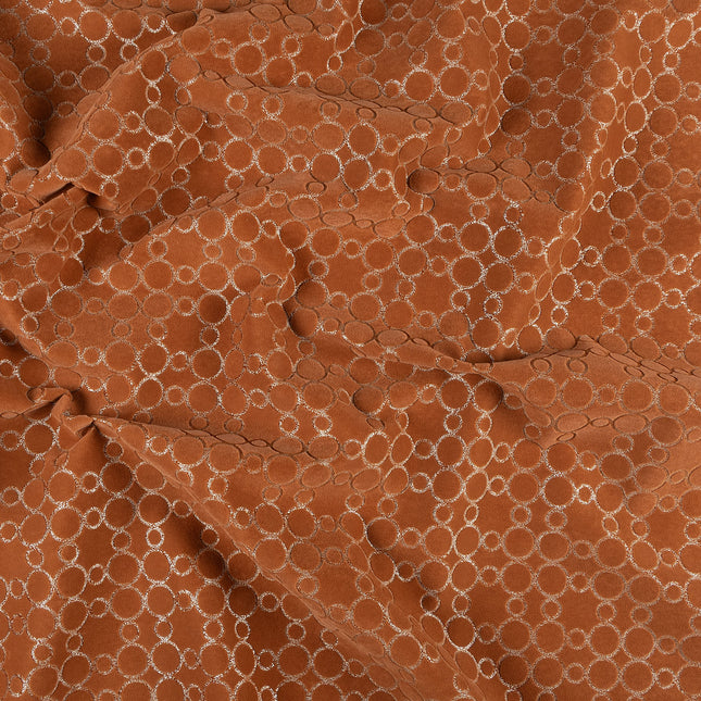 Rust brown colour circular pattern velvet flock Easy Clean sofa, chair and curtain fabrics