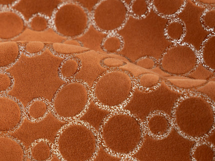 Rust brown colour circular pattern velvet flock Easy Clean sofa, chair and curtain fabrics