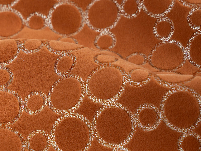 Rust brown colour circular pattern velvet flock Easy Clean sofa, chair and curtain fabrics