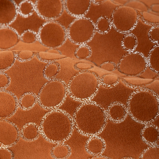 Rust brown colour circular pattern velvet flock Easy Clean sofa, chair and curtain fabrics