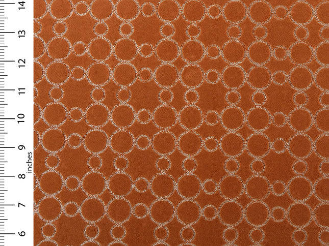 Rust brown colour circular pattern velvet flock Easy Clean sofa, chair and curtain fabrics