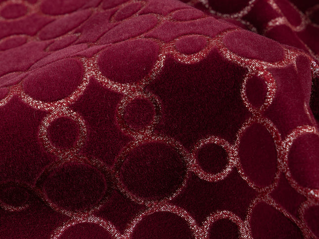 Wine colour circular pattern velvet flock Easy Clean sofa, chair and curtain fabrics