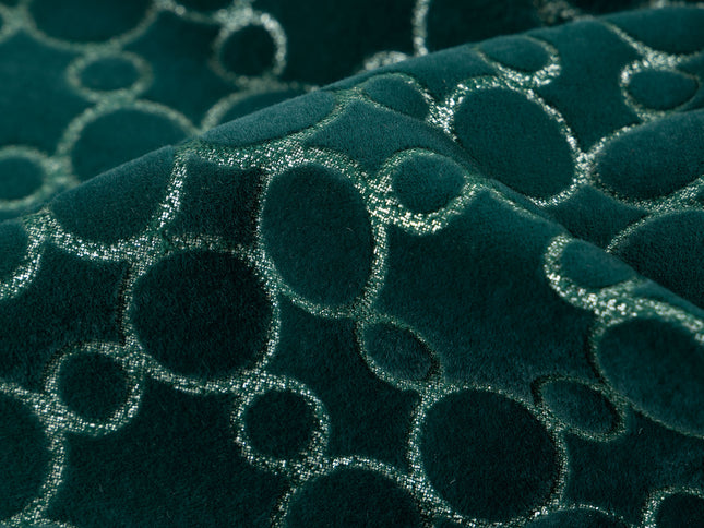 Dark teal colour circular pattern velvet flock Easy Clean sofa, chair and curtain fabrics