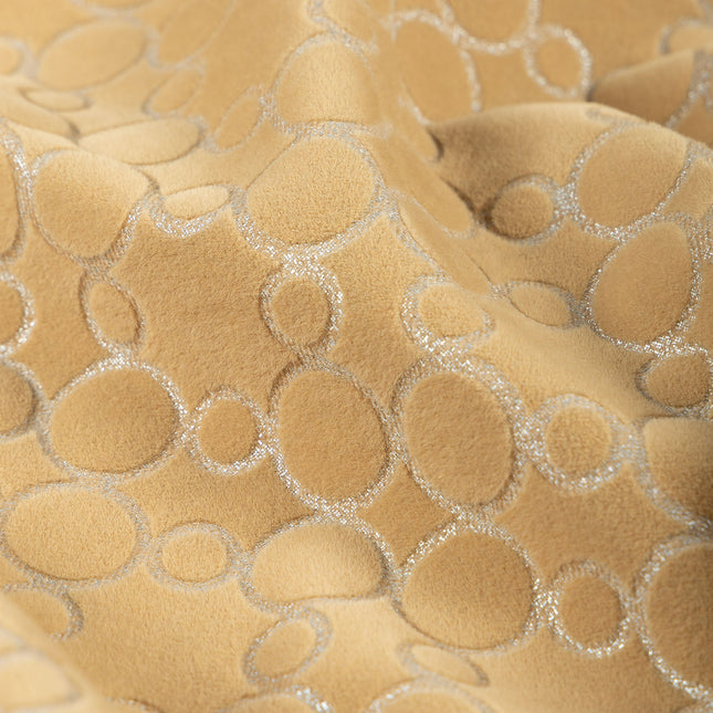 Mustard gold colour circular pattern velvet flock Easy Clean sofa, chair and curtain fabrics
