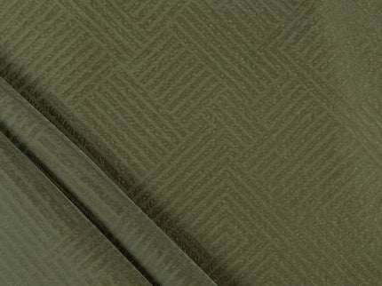 Dark olive green colour textured velvet flock geometric pattern sofa, chair and curtain fabrics