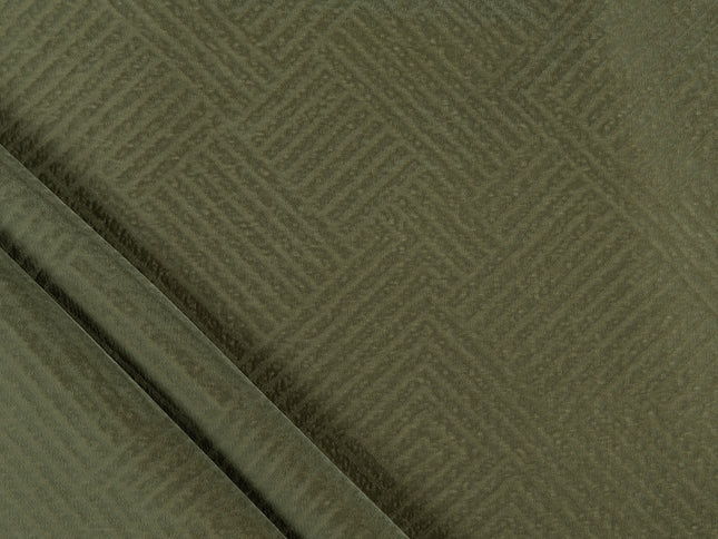 Dark olive green colour textured velvet flock geometric pattern sofa, chair and curtain fabrics