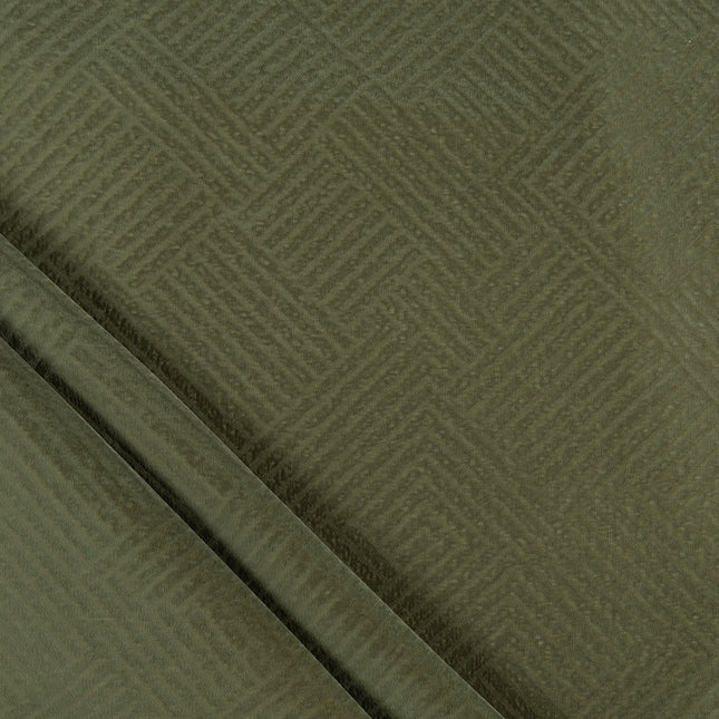 Dark olive green colour textured velvet flock geometric pattern sofa, chair and curtain fabrics