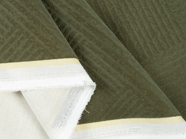 Dark olive green colour textured velvet flock geometric pattern sofa, chair and curtain fabrics