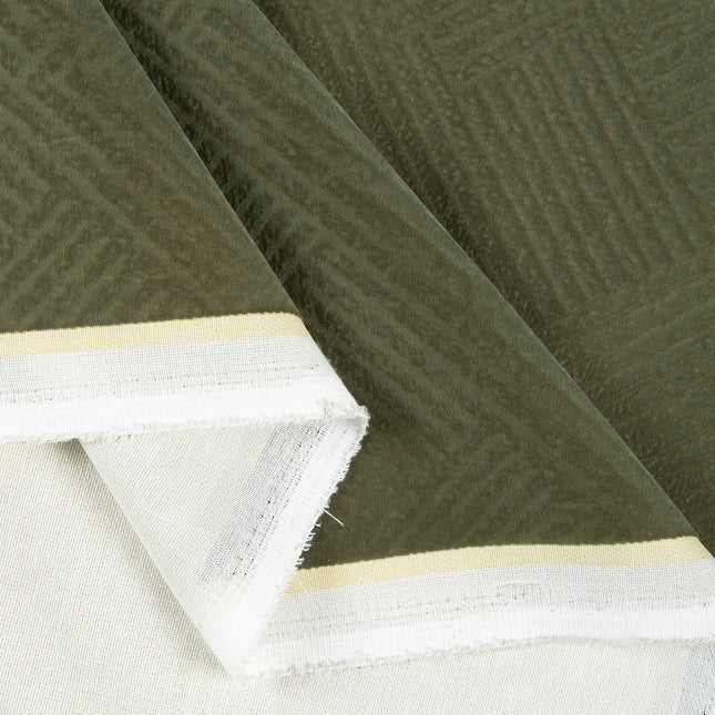 Dark olive green colour textured velvet flock geometric pattern sofa, chair and curtain fabrics