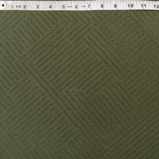 Dark olive green colour textured velvet flock geometric pattern sofa, chair and curtain fabrics