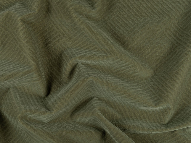 Dark olive green colour textured velvet flock geometric pattern sofa, chair and curtain fabrics