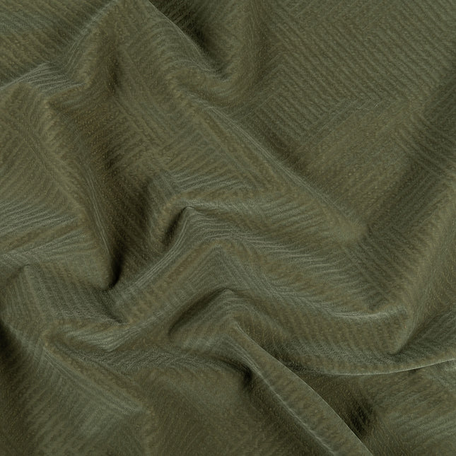 Dark olive green colour textured velvet flock geometric pattern sofa, chair and curtain fabrics