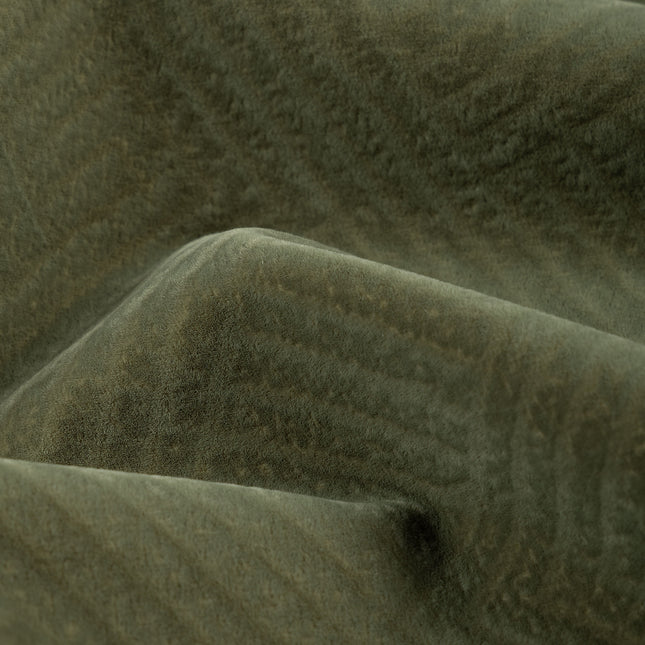 Dark olive green colour textured velvet flock geometric pattern sofa, chair and curtain fabrics