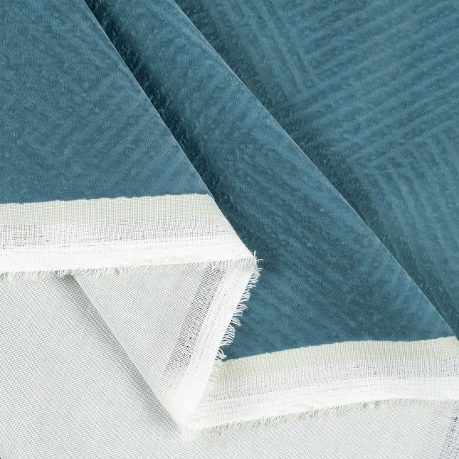 Deep teal colour textured velvet flock geometric pattern sofa, chair and curtain fabrics
