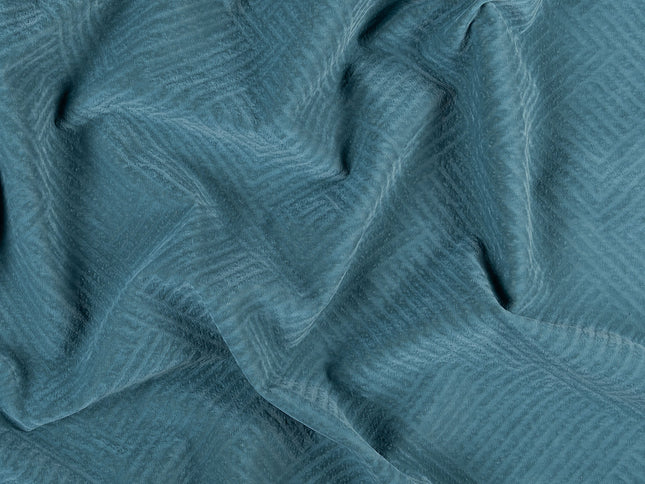 Deep teal colour textured velvet flock geometric pattern sofa, chair and curtain fabrics