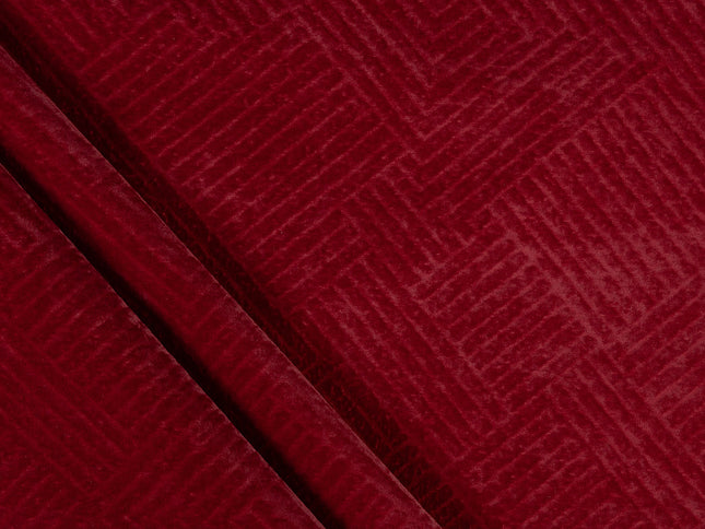 Wine burgundy colour textured velvet flock geometric pattern sofa, chair and curtain fabrics