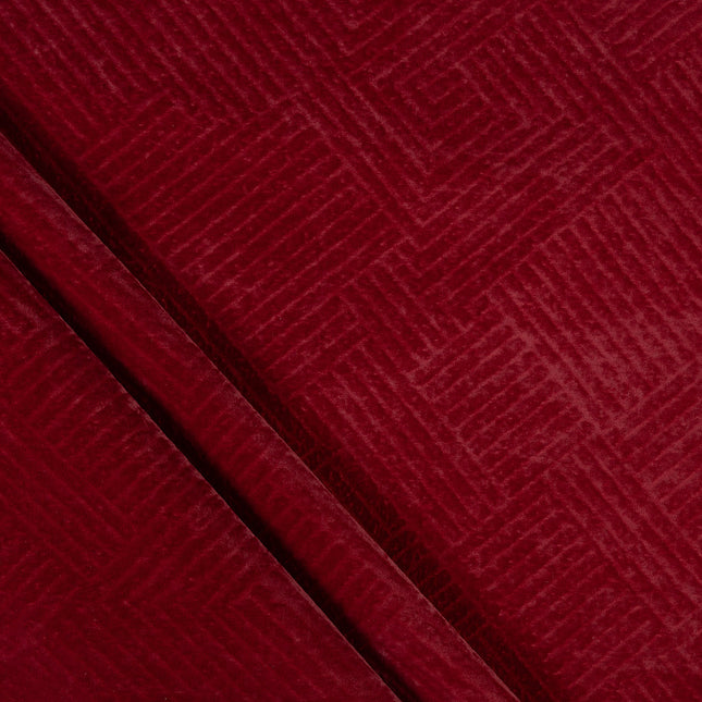 Wine burgundy colour textured velvet flock geometric pattern sofa, chair and curtain fabrics