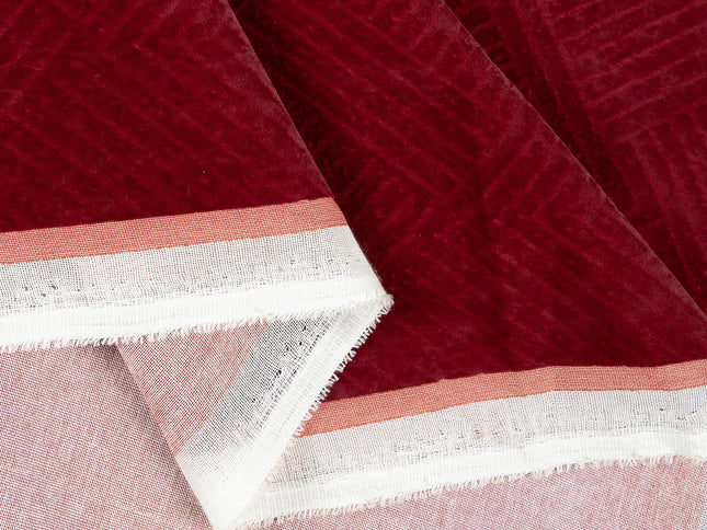 Wine burgundy colour textured velvet flock geometric pattern sofa, chair and curtain fabrics