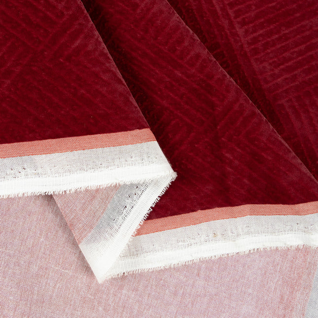 Wine burgundy colour textured velvet flock geometric pattern sofa, chair and curtain fabrics