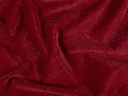 Wine burgundy colour textured velvet flock geometric pattern sofa, chair and curtain fabrics