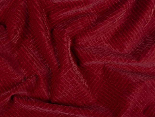 Wine burgundy colour textured velvet flock geometric pattern sofa, chair and curtain fabrics