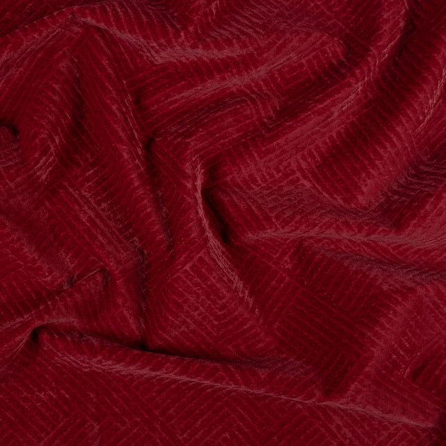 Wine burgundy colour textured velvet flock geometric pattern sofa, chair and curtain fabrics
