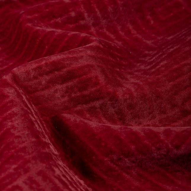 Wine burgundy colour textured velvet flock geometric pattern sofa, chair and curtain fabrics