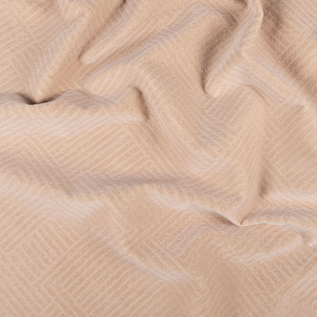 Beige colour textured velvet flock geometric pattern sofa, chair and curtain fabrics