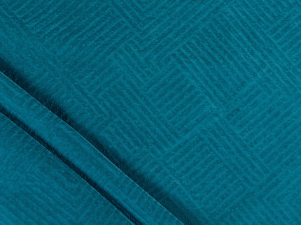 Teal blue colour textured velvet flock geometric pattern sofa, chair and curtain fabrics