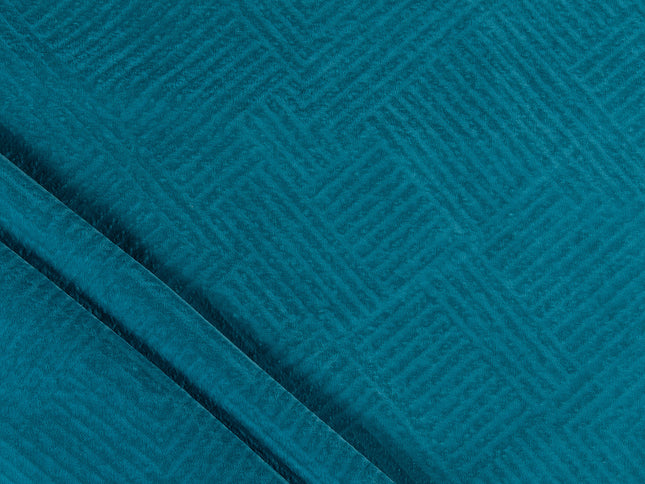 Teal blue colour textured velvet flock geometric pattern sofa, chair and curtain fabrics