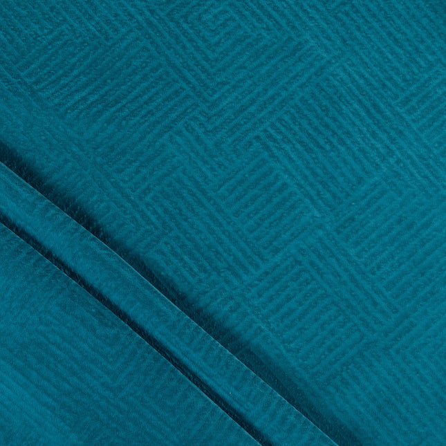 Teal blue colour textured velvet flock geometric pattern sofa, chair and curtain fabrics