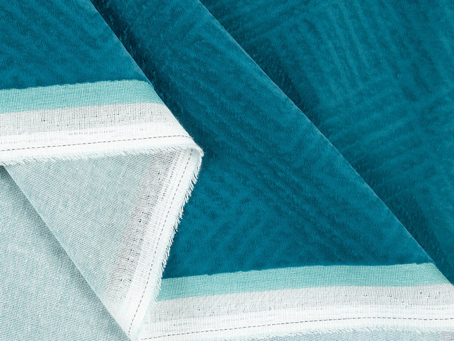 Teal blue colour textured velvet flock geometric pattern sofa, chair and curtain fabrics