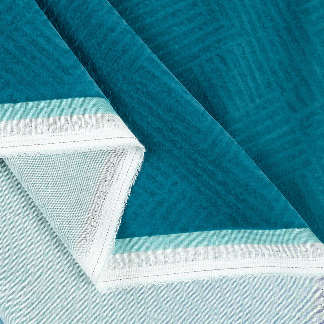Teal blue colour textured velvet flock geometric pattern sofa, chair and curtain fabrics