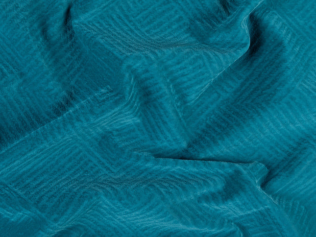 Teal blue colour textured velvet flock geometric pattern sofa, chair and curtain fabrics