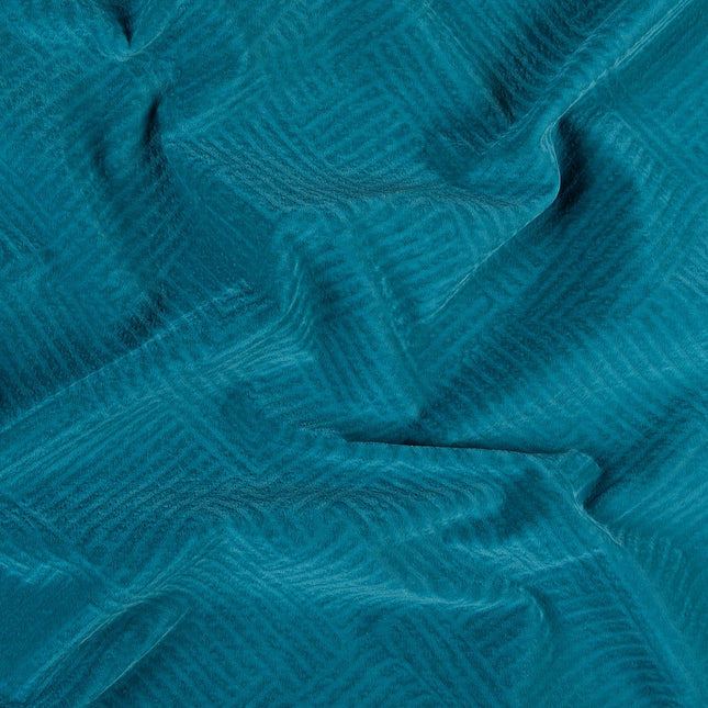 Teal blue colour textured velvet flock geometric pattern sofa, chair and curtain fabrics