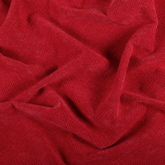 Cherry Red Geometric Pattern Velvet Flock Easy Clean Sofa & Chair Fabric