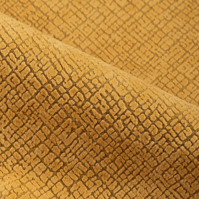 Ochre Yellow Colour Geometric Pattern Velvet Flock Easy Clean Sofa and Chair Fabric