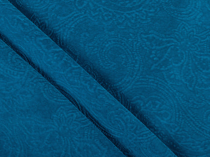 Turquoise Colour Embossed Leaves Pattern Velvet Flock Easy Clean Sofa, Chair and Curtain Fabric