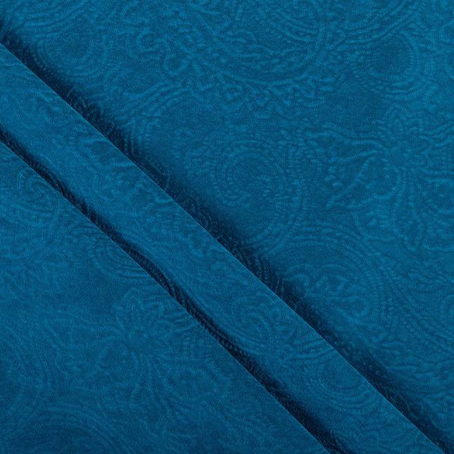 Turquoise Colour Embossed Leaves Pattern Velvet Flock Easy Clean Sofa, Chair and Curtain Fabric