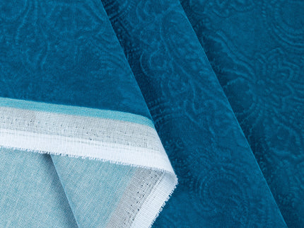 Turquoise Colour Embossed Leaves Pattern Velvet Flock Easy Clean Sofa, Chair and Curtain Fabric
