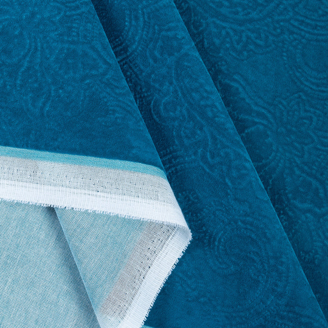 Turquoise Colour Embossed Leaves Pattern Velvet Flock Easy Clean Sofa, Chair and Curtain Fabric