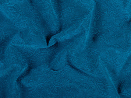 Turquoise Colour Embossed Leaves Pattern Velvet Flock Easy Clean Sofa, Chair and Curtain Fabric