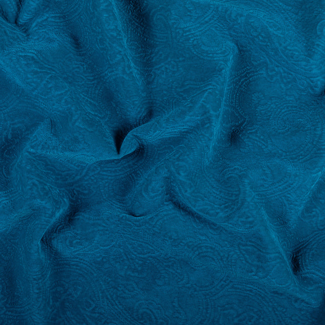 Turquoise Colour Embossed Leaves Pattern Velvet Flock Easy Clean Sofa, Chair and Curtain Fabric