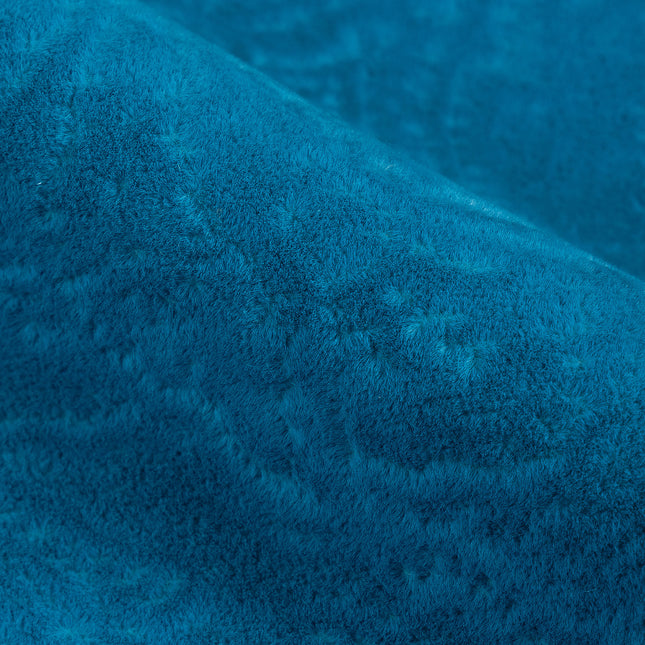 Turquoise Colour Embossed Leaves Pattern Velvet Flock Easy Clean Sofa, Chair and Curtain Fabric