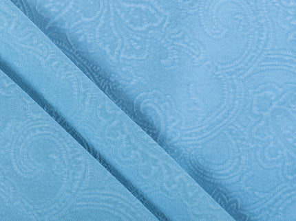 Sky Blue Colour Embossed Leaves Pattern Velvet Flock Easy Clean Sofa, Chair and Curtain Fabric