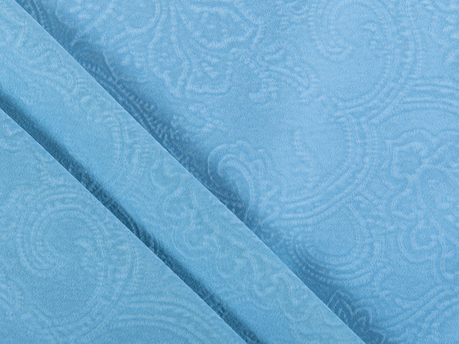 Sky Blue Colour Embossed Leaves Pattern Velvet Flock Easy Clean Sofa, Chair and Curtain Fabric