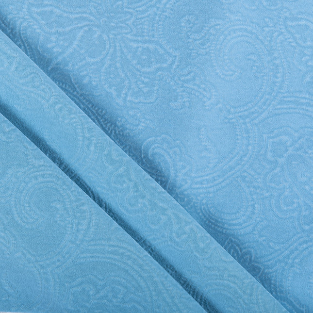 Sky Blue Colour Embossed Leaves Pattern Velvet Flock Easy Clean Sofa, Chair and Curtain Fabric