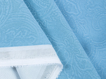 Sky Blue Colour Embossed Leaves Pattern Velvet Flock Easy Clean Sofa, Chair and Curtain Fabric