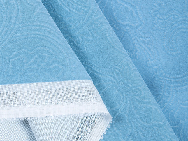 Sky Blue Colour Embossed Leaves Pattern Velvet Flock Easy Clean Sofa, Chair and Curtain Fabric