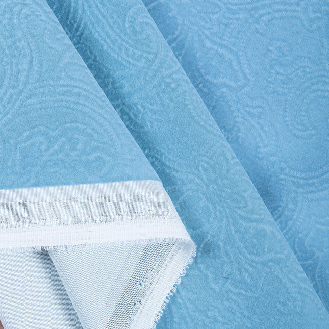 Sky Blue Colour Embossed Leaves Pattern Velvet Flock Easy Clean Sofa, Chair and Curtain Fabric